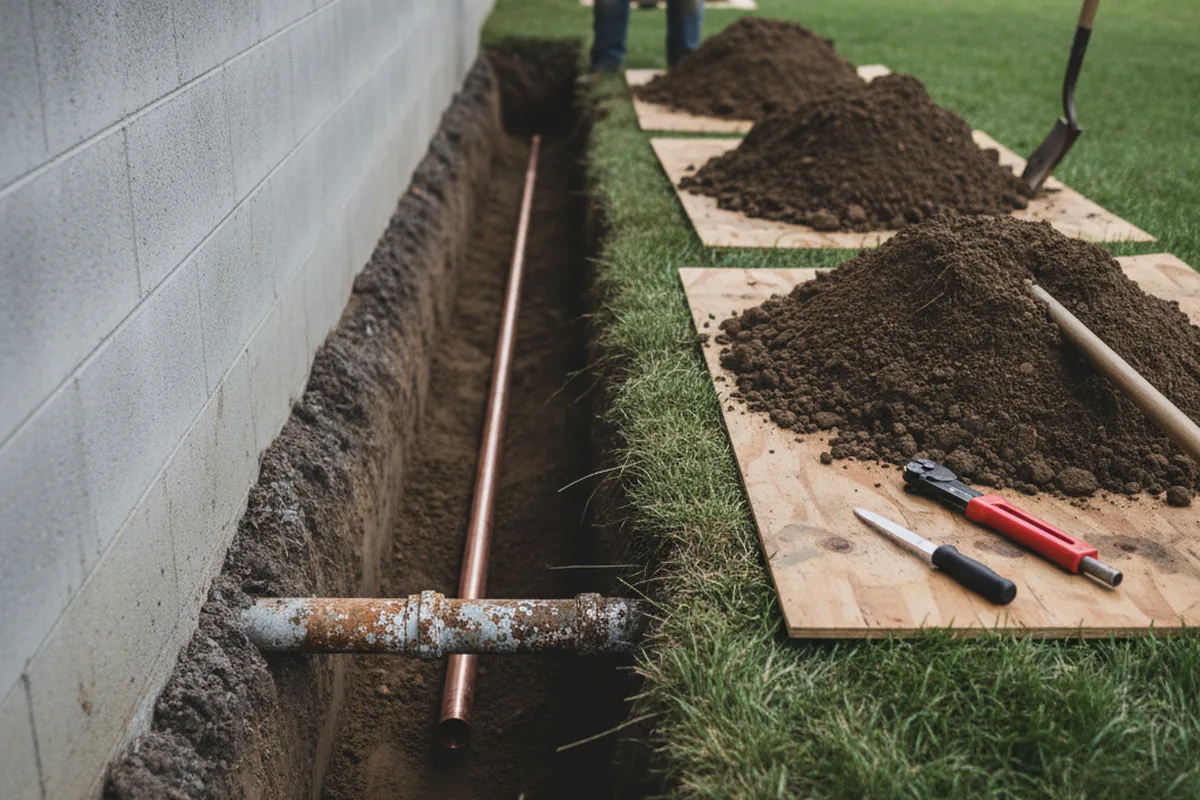 Excavated water line trench during Sewer Line Repair in North Franklin
